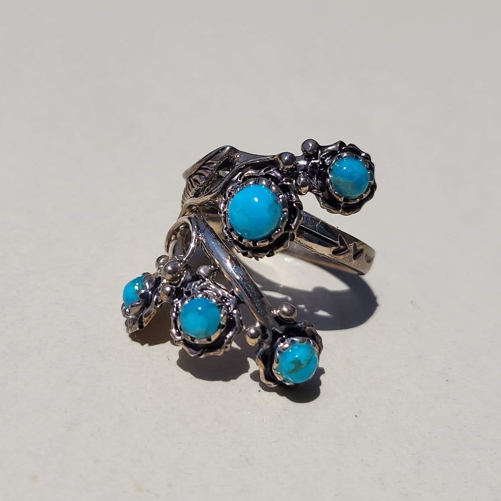 Vintage BBJ 925 Sterling Silver Turquoise Bypass Ring Size 6.75 Leaf Vine
